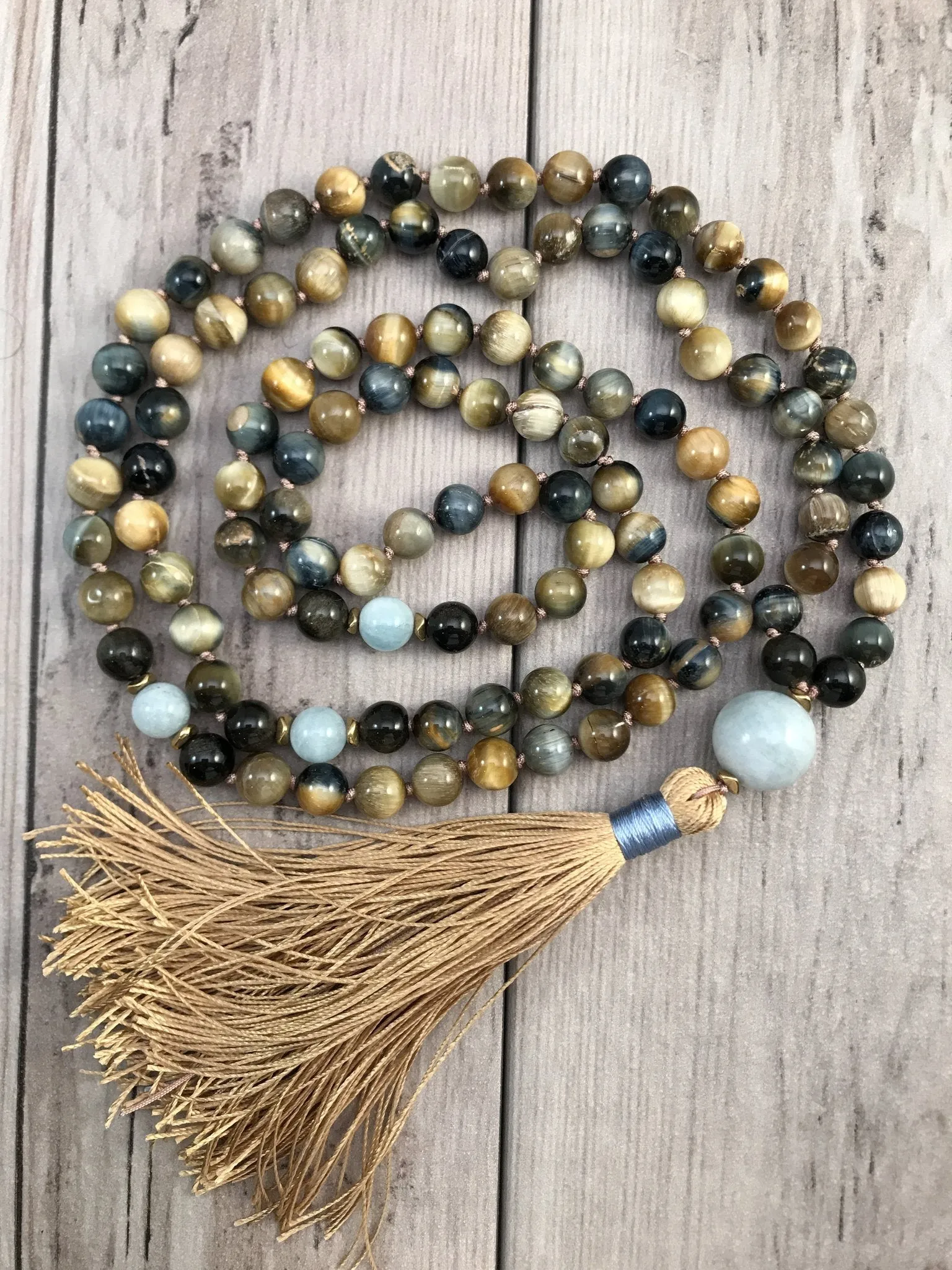 108 Mala Tassel Necklace in Yellow Honey   Blue Tigers Eye