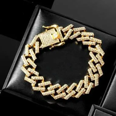 15mm Diamond Gold Rhinestone Cuban Link Bracelet