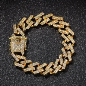 15mm Diamond Gold Rhinestone Cuban Link Bracelet