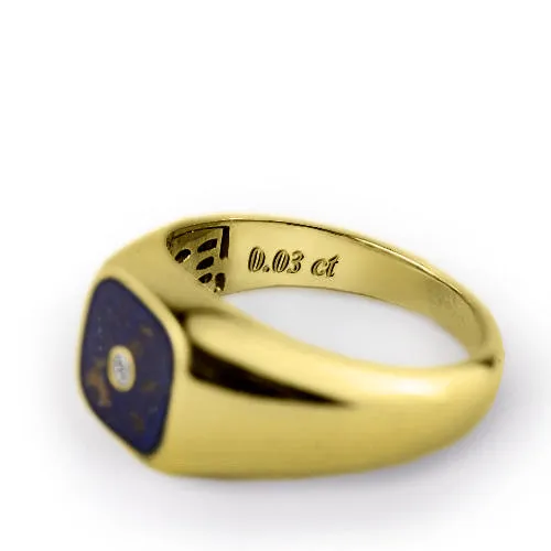 18K Gold Ring For Men Diamond with Natural Blue Lapis Gemstone