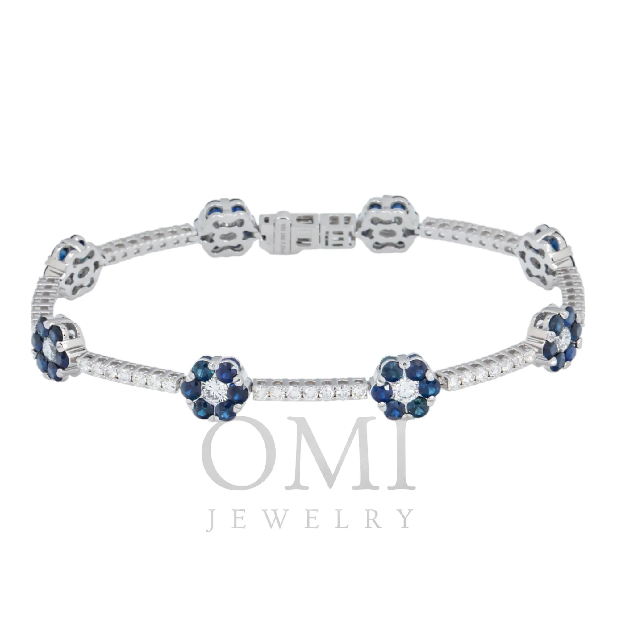 18K GOLD ROUND DIAMOND AND BLUE SAPPHIRE GEMSTONE FLOWER TENNIS BRACELET 8.03 CTW