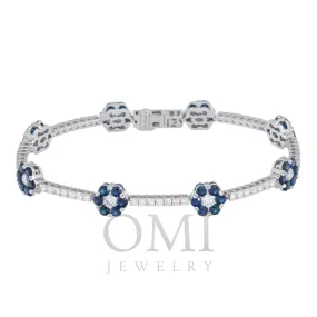 18K GOLD ROUND DIAMOND AND BLUE SAPPHIRE GEMSTONE FLOWER TENNIS BRACELET 8.03 CTW