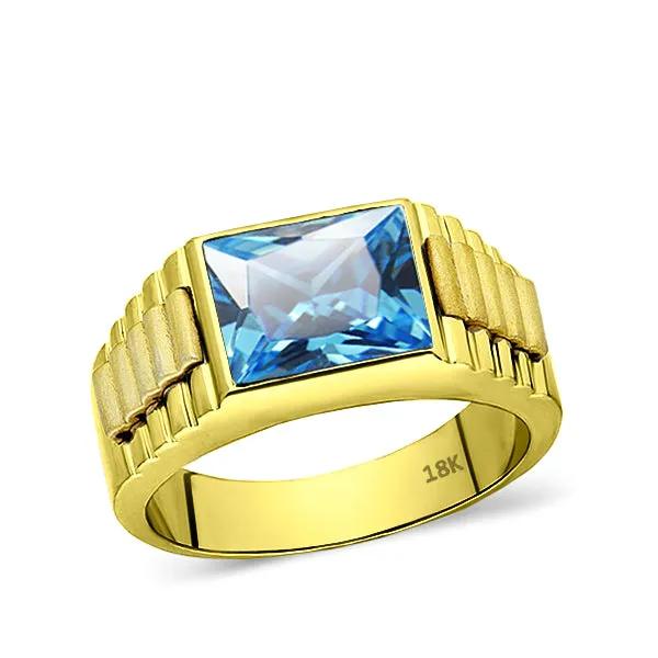 18k Hallmarked Yellow Gold Engagement Ring Mens Classic Band Ring with Topaz Gemstone