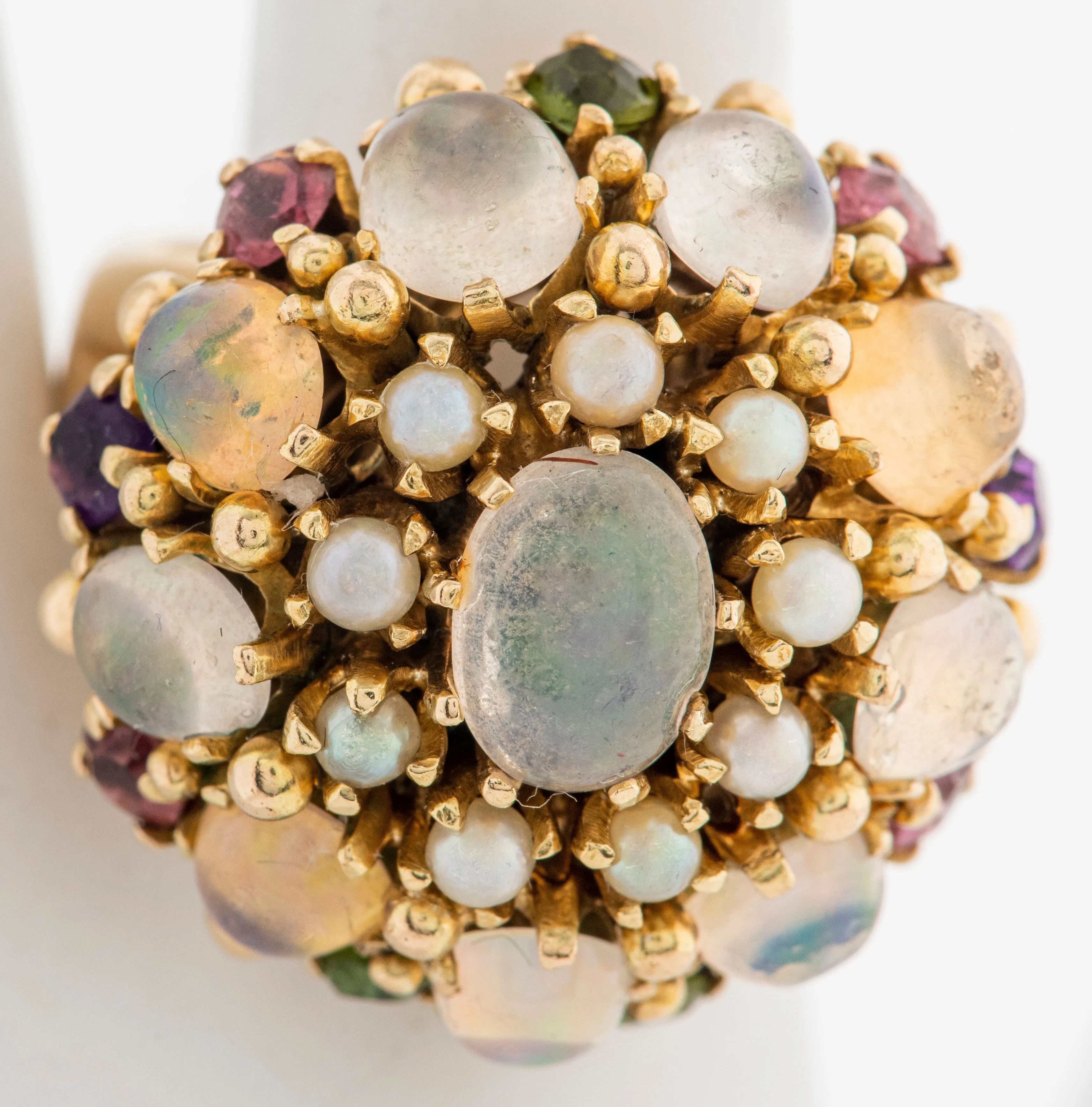 1960's 14K Yellow Gold Opal & Seed Pearl Dome Ring