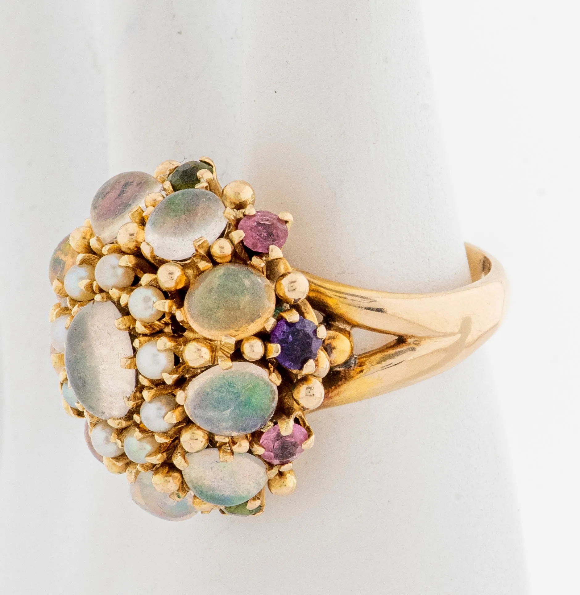 1960's 14K Yellow Gold Opal & Seed Pearl Dome Ring