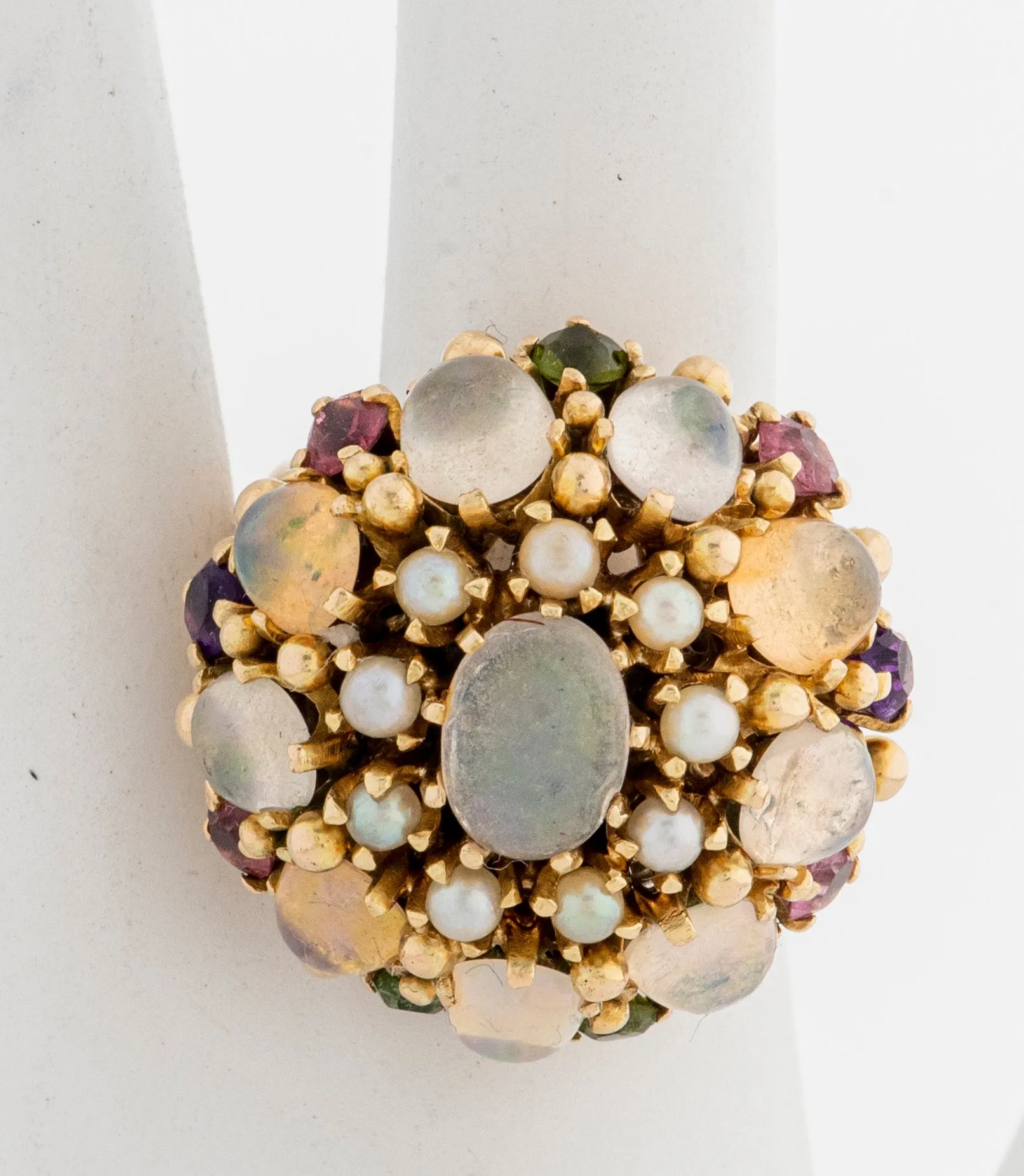 1960's 14K Yellow Gold Opal & Seed Pearl Dome Ring