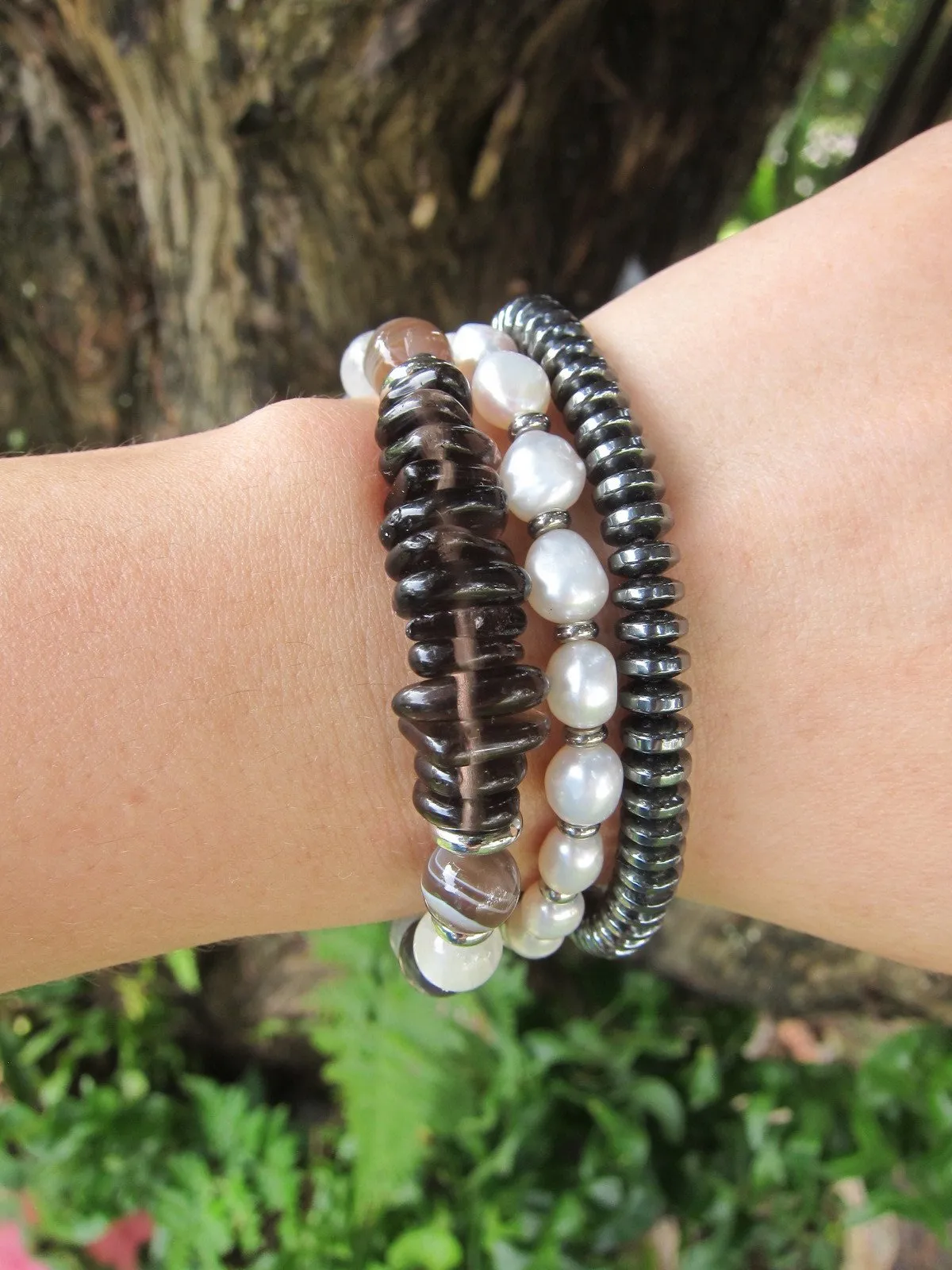 27 Bead Wrist Mala in Selenite, Botswana Agate, Smoky Quartz, Freshwater Pearls in Stainless Silver Lotus Charm