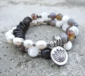 27 Bead Wrist Mala in Selenite, Botswana Agate, Smoky Quartz, Freshwater Pearls in Stainless Silver Lotus Charm