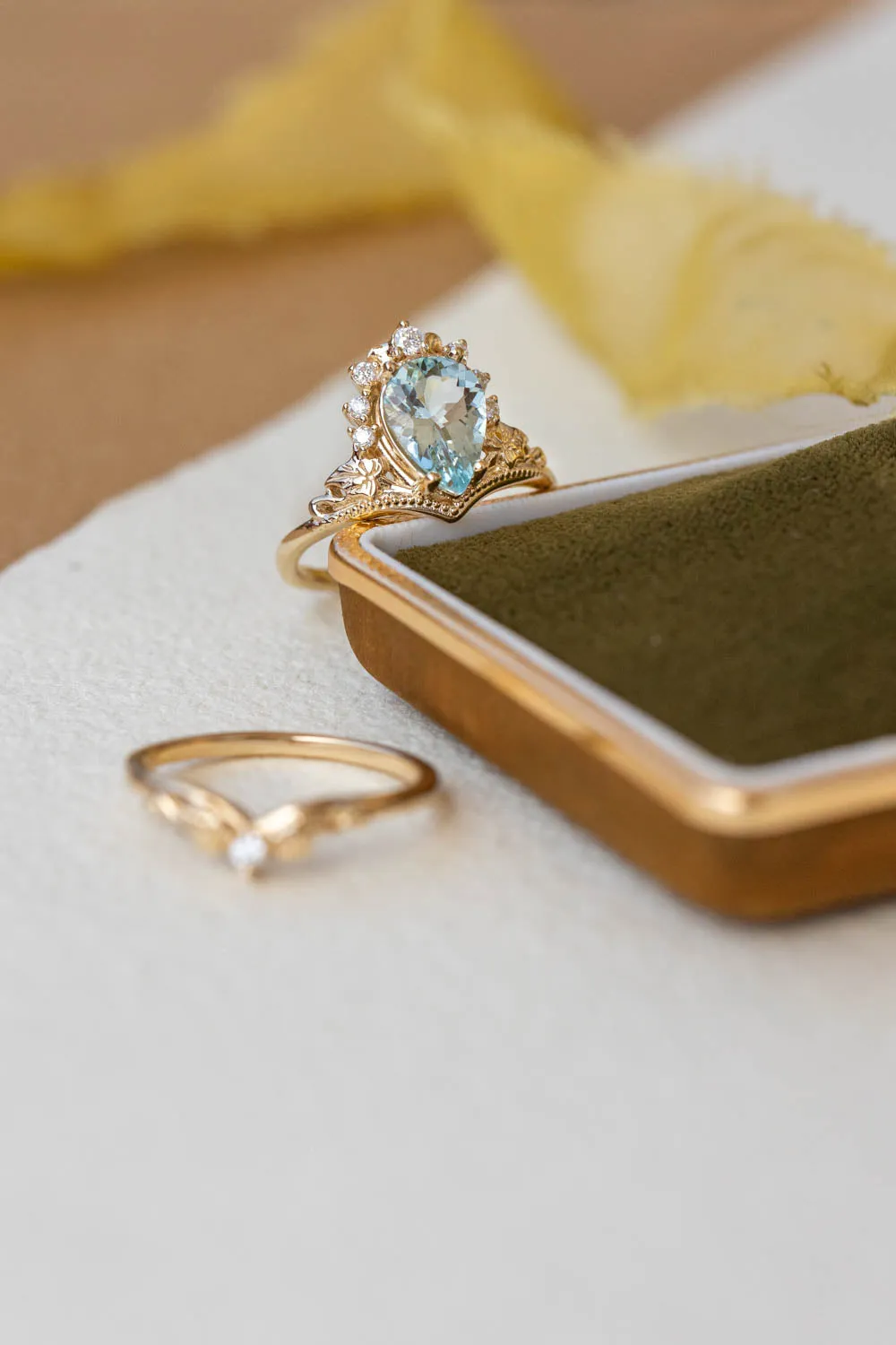 2.8 carat aquamarine bridal ring set, big pear cut engagement rings with diamond crown / Ariadne