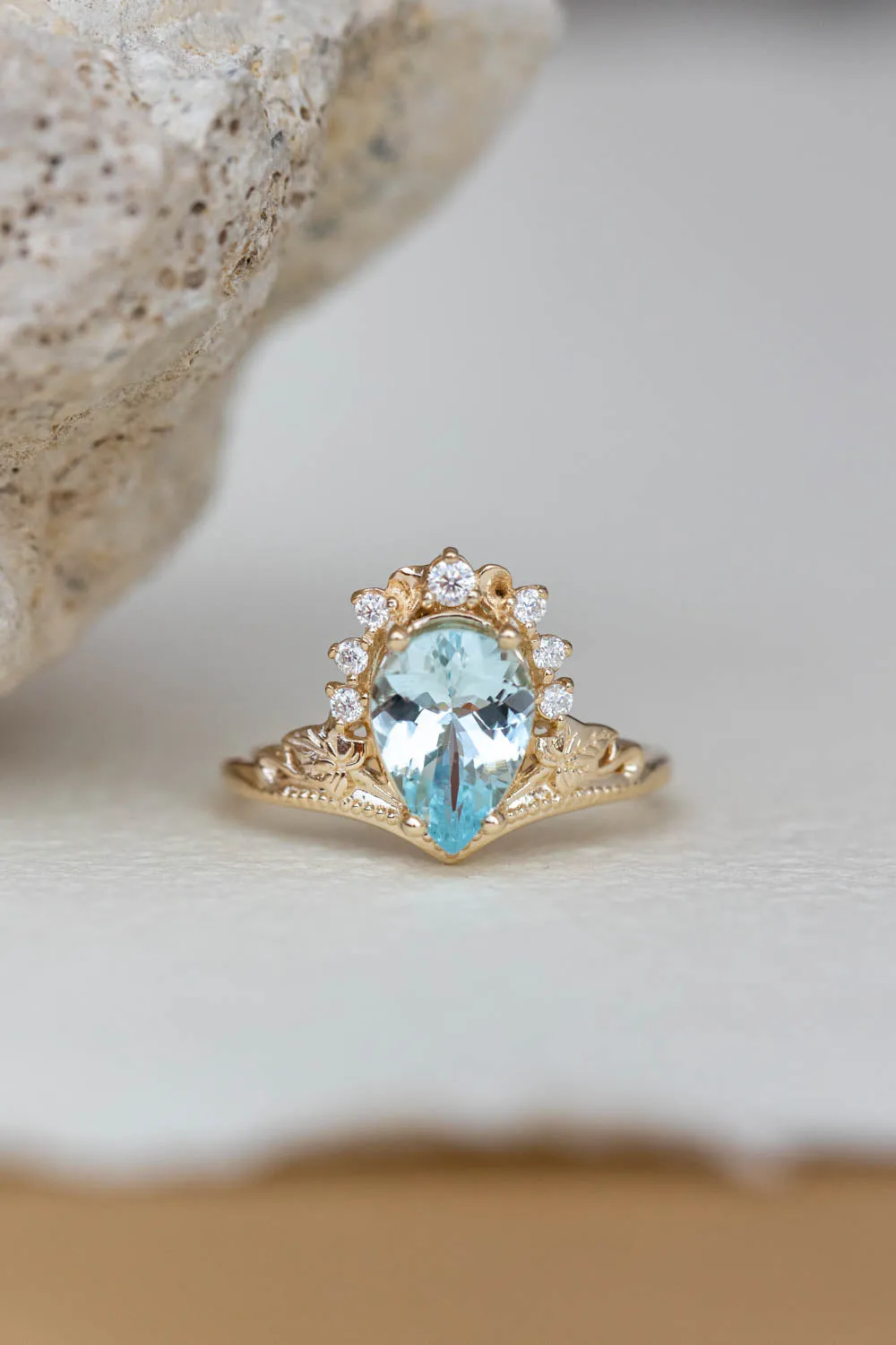 2.8 carat aquamarine bridal ring set, big pear cut engagement rings with diamond crown / Ariadne