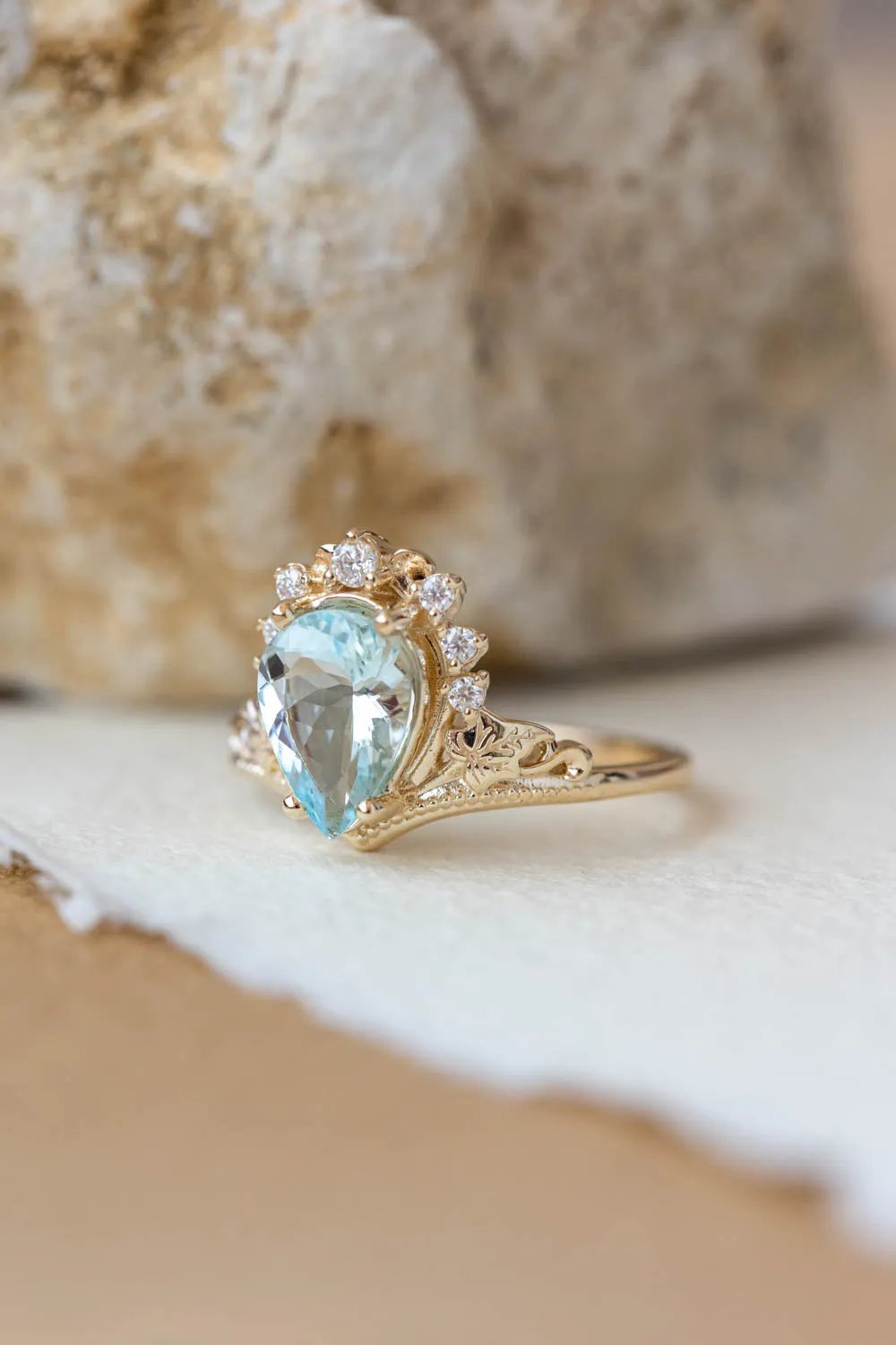 2.8 carat aquamarine bridal ring set, big pear cut engagement rings with diamond crown / Ariadne