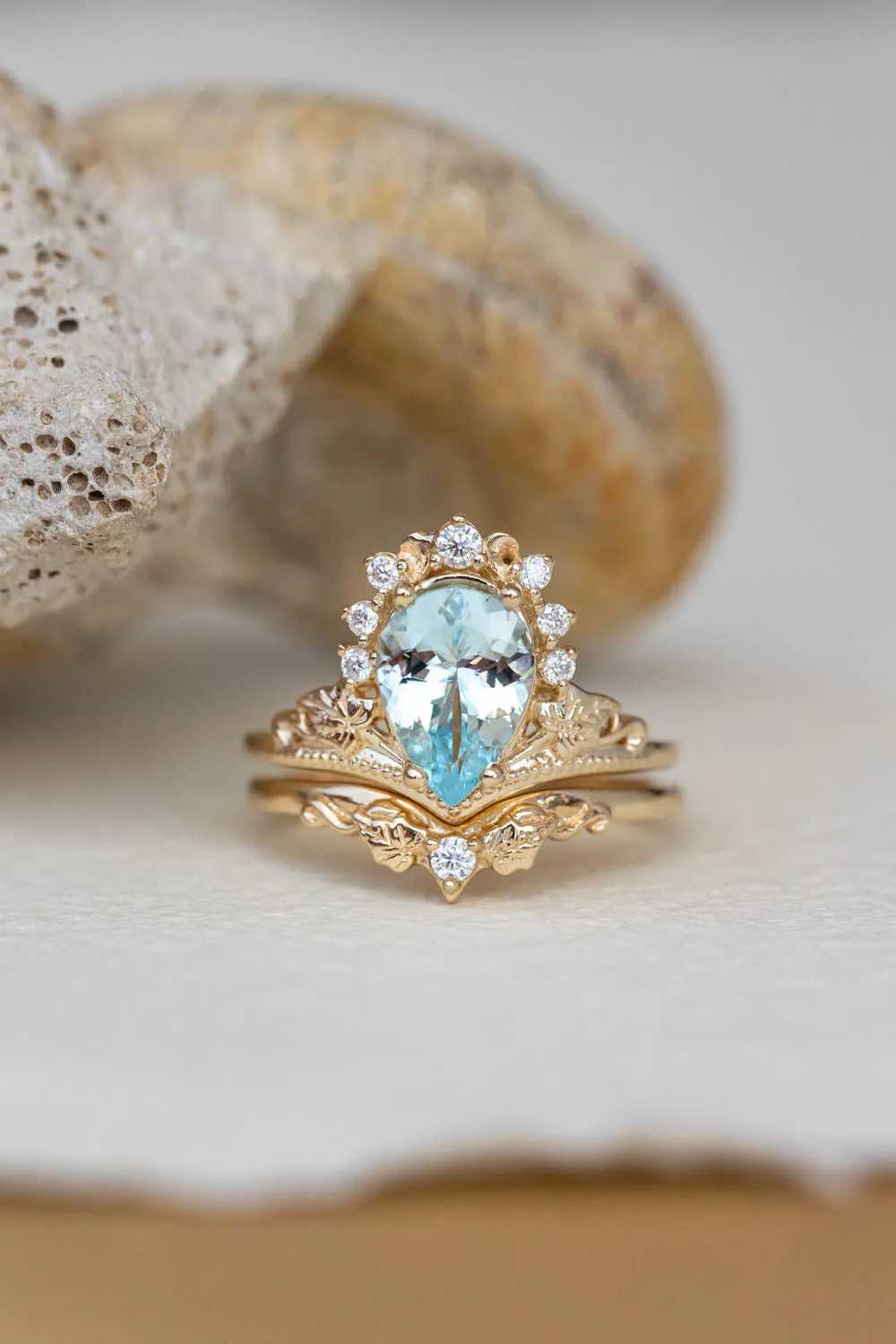 2.8 carat aquamarine bridal ring set, big pear cut engagement rings with diamond crown / Ariadne