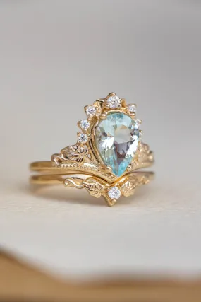 2.8 carat aquamarine bridal ring set, big pear cut engagement rings with diamond crown / Ariadne