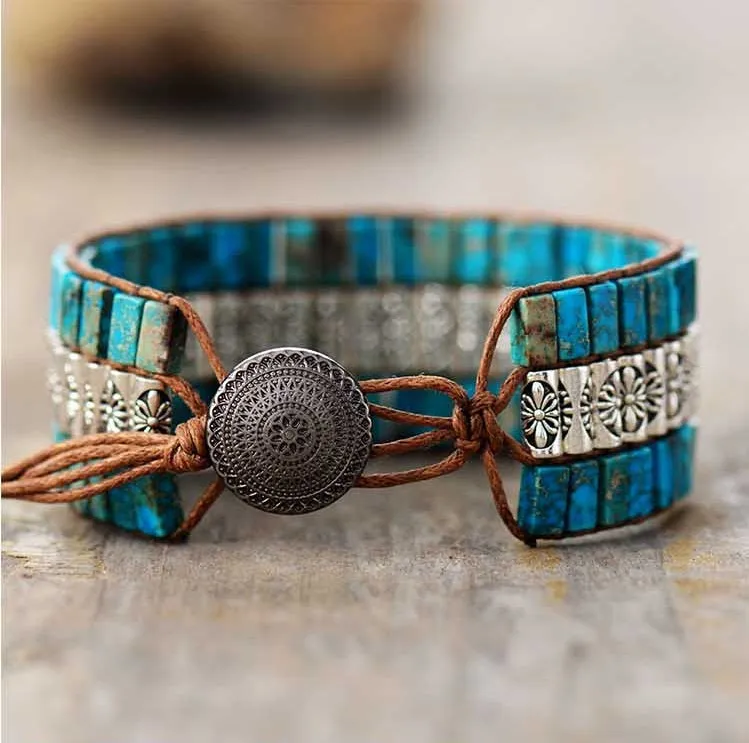 3 Row Turquoise Jasper Cuff Beaded Bracelet