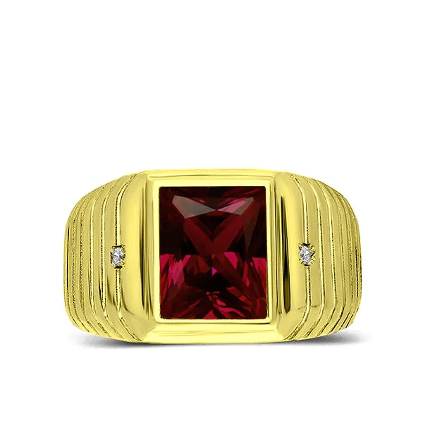 925 Solid Silver 2 Diamond Accents Mens Red Ruby Ring Gold Plated