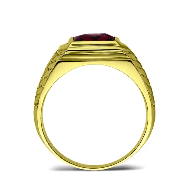 925 Solid Silver 2 Diamond Accents Mens Red Ruby Ring Gold Plated