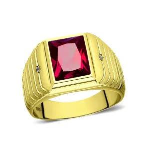 925 Solid Silver 2 Diamond Accents Mens Red Ruby Ring Gold Plated