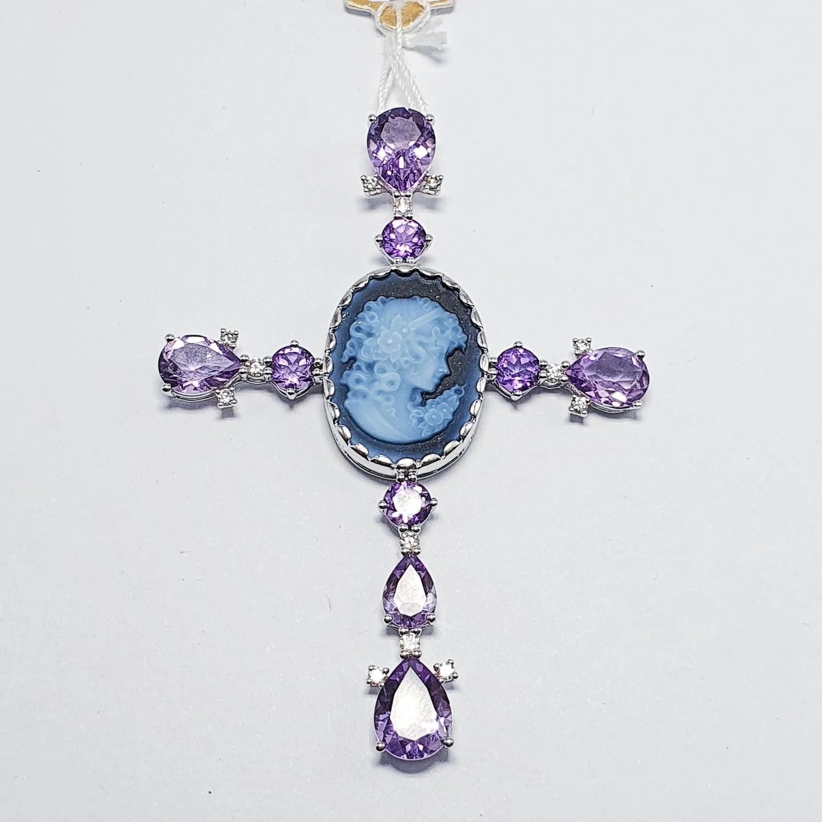 Amethyst Cameo Diamond Cross Pendant