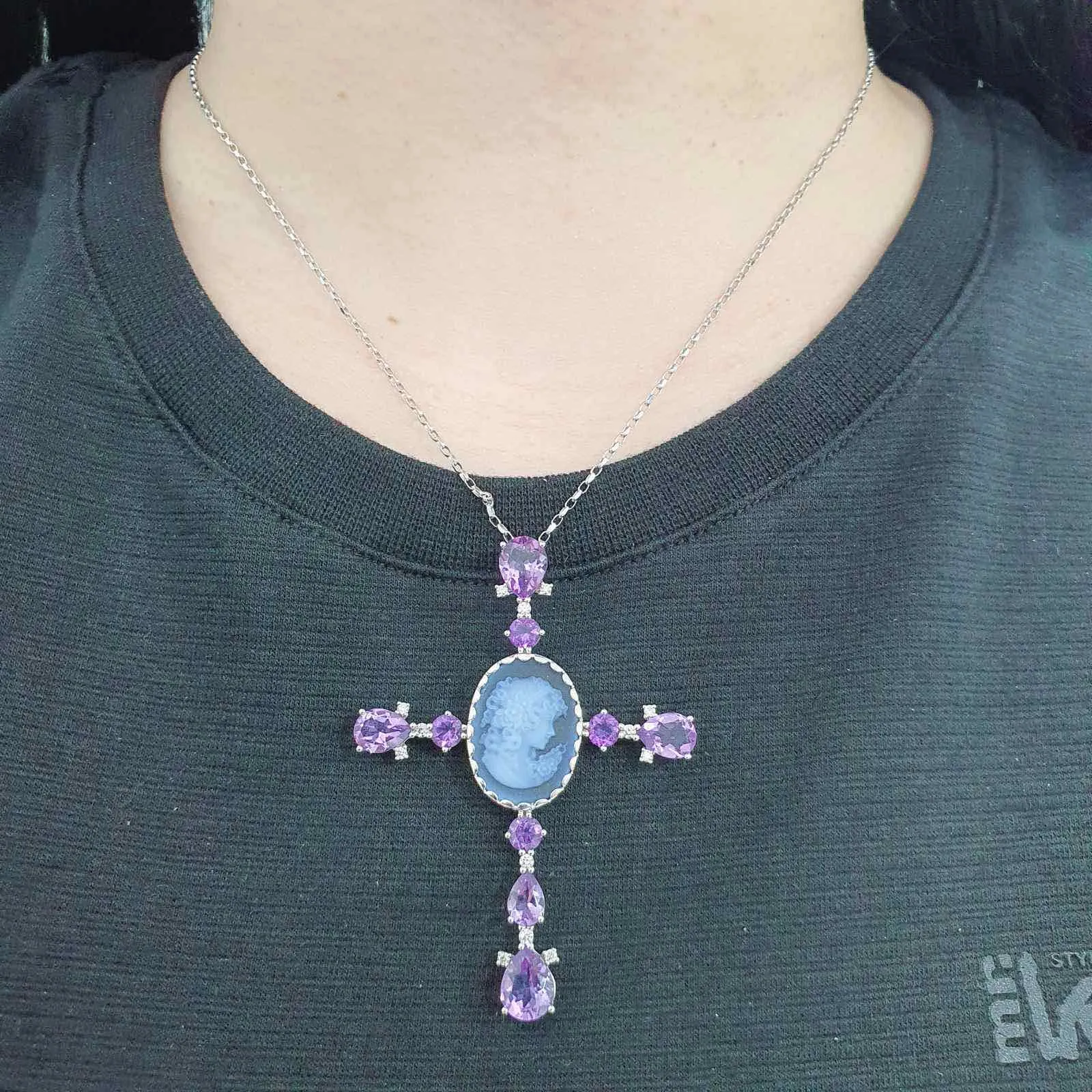 Amethyst Cameo Diamond Cross Pendant