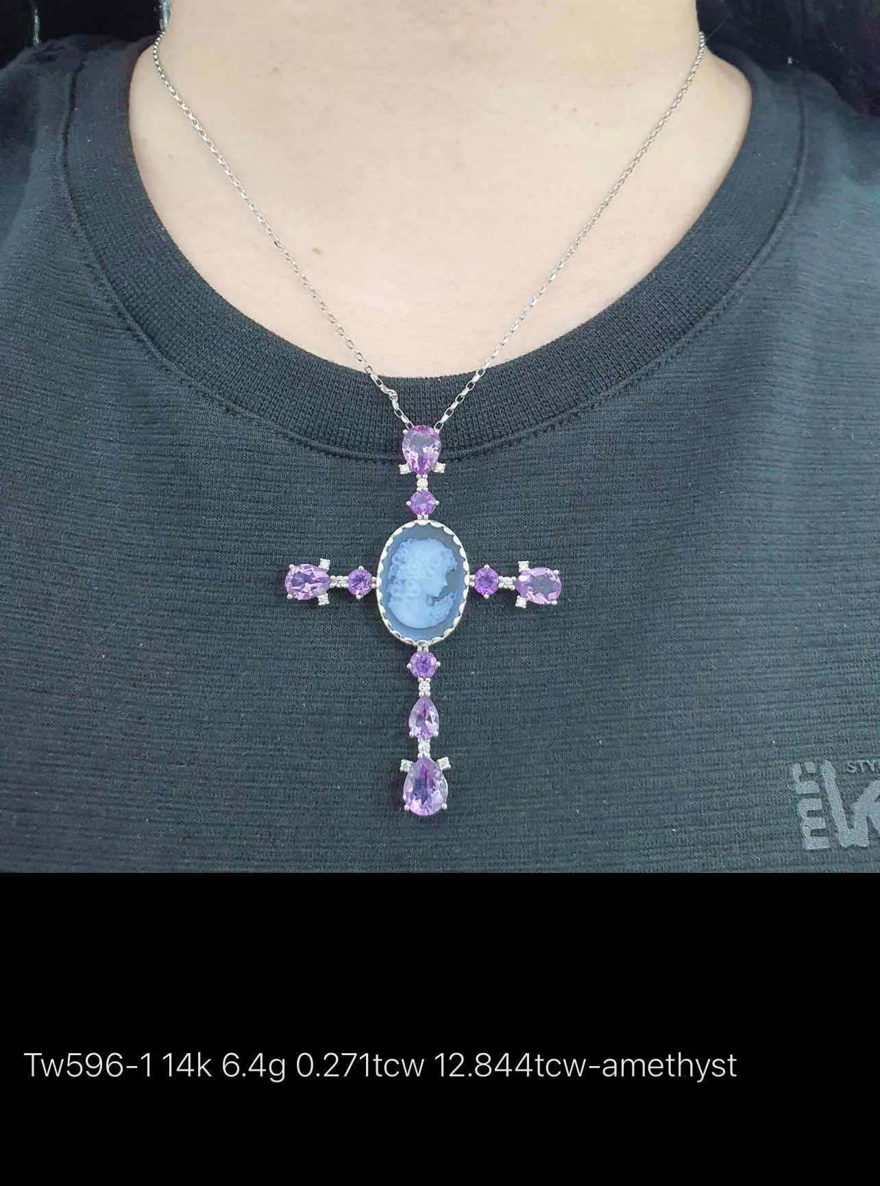 Amethyst Cameo Diamond Cross Pendant