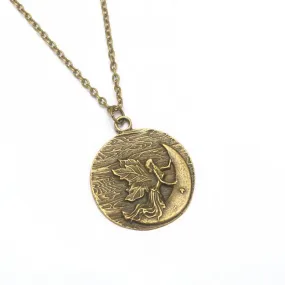 Ancient Bronze Large Moon Fairy Angel Pendant Necklace for Women