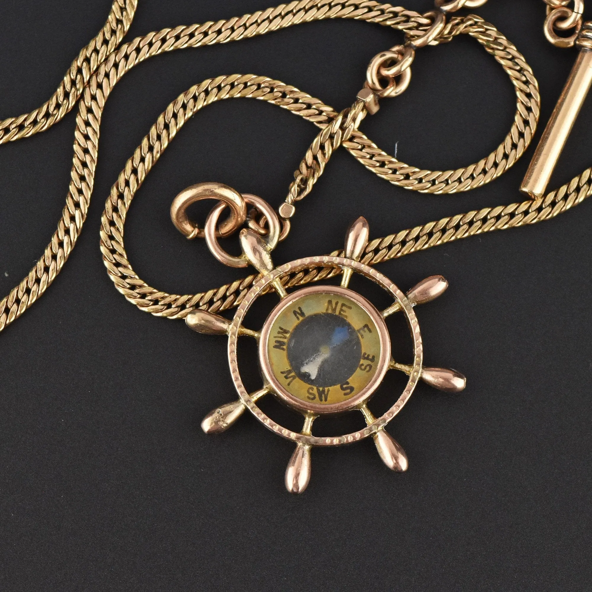 Antique Gold Ship Wheel Compass Watch Chain Necklace