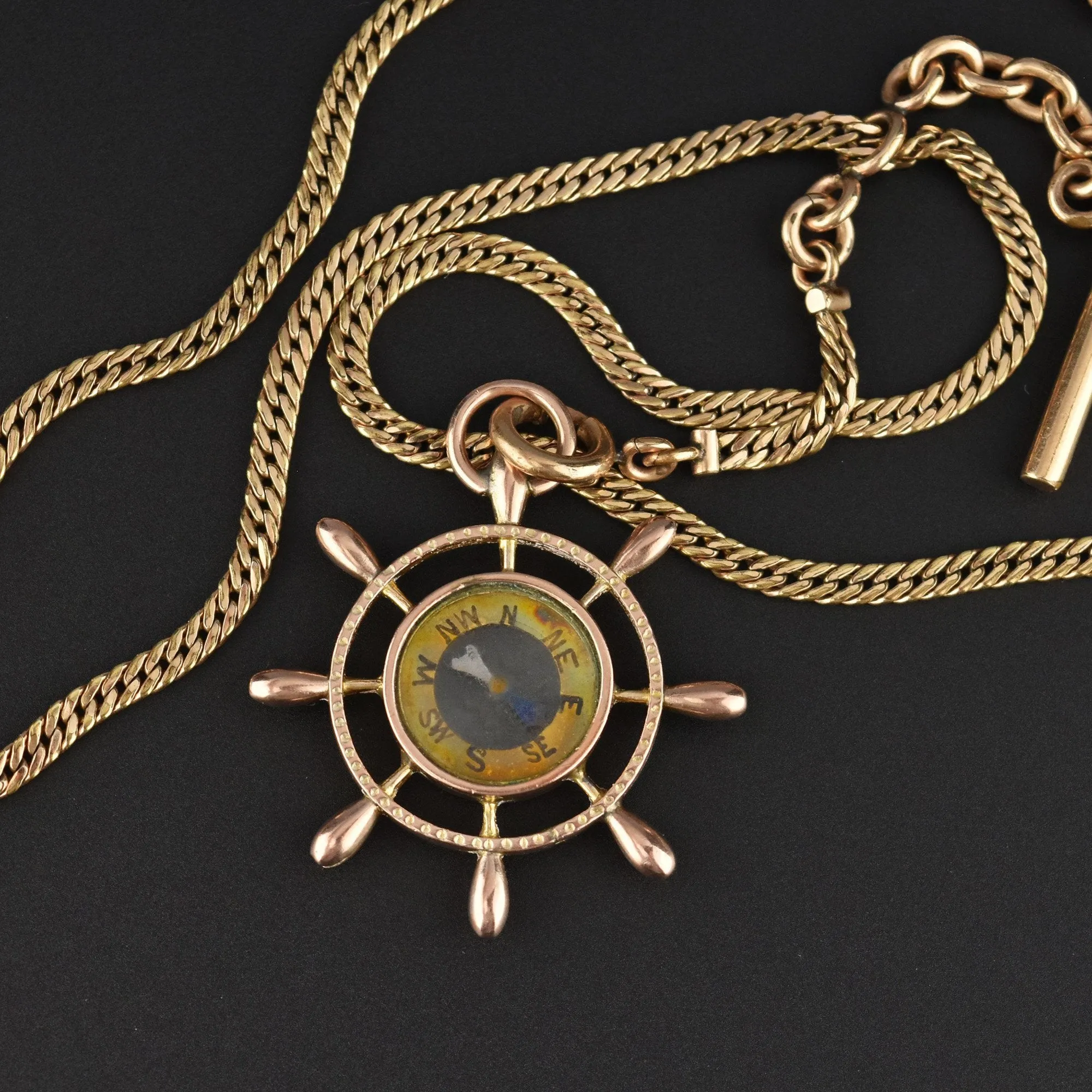 Antique Gold Ship Wheel Compass Watch Chain Necklace