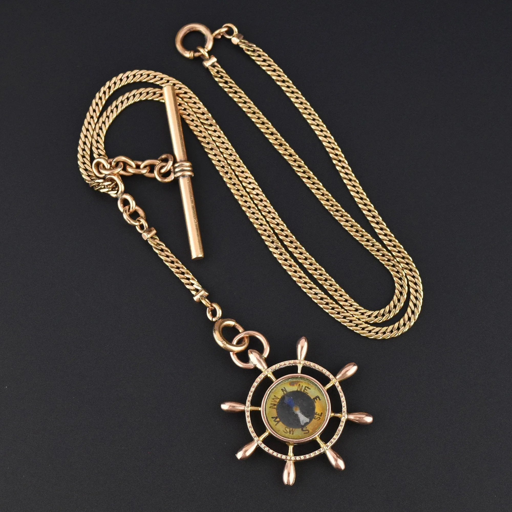 Antique Gold Ship Wheel Compass Watch Chain Necklace