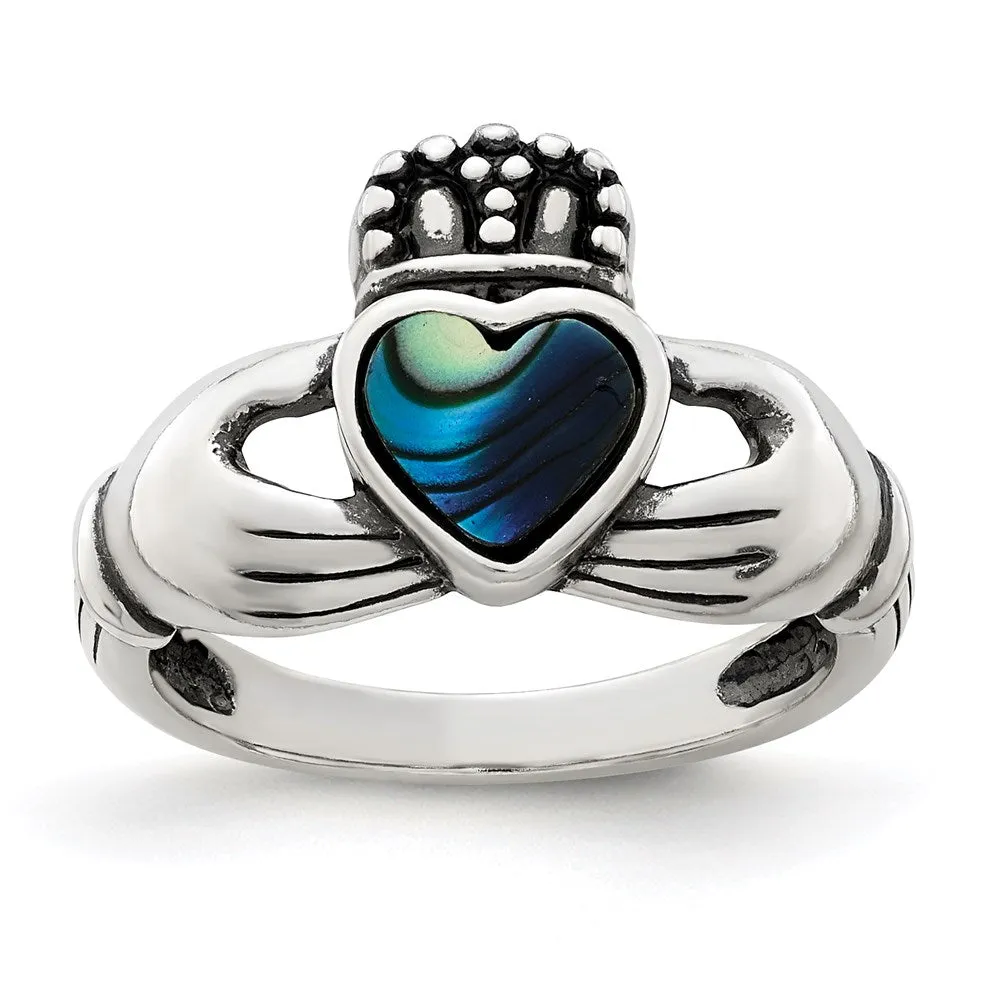 Antiqued Abalone Inlay & Black Enamel Claddagh Ring in Sterling Silver