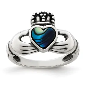 Antiqued Abalone Inlay & Black Enamel Claddagh Ring in Sterling Silver