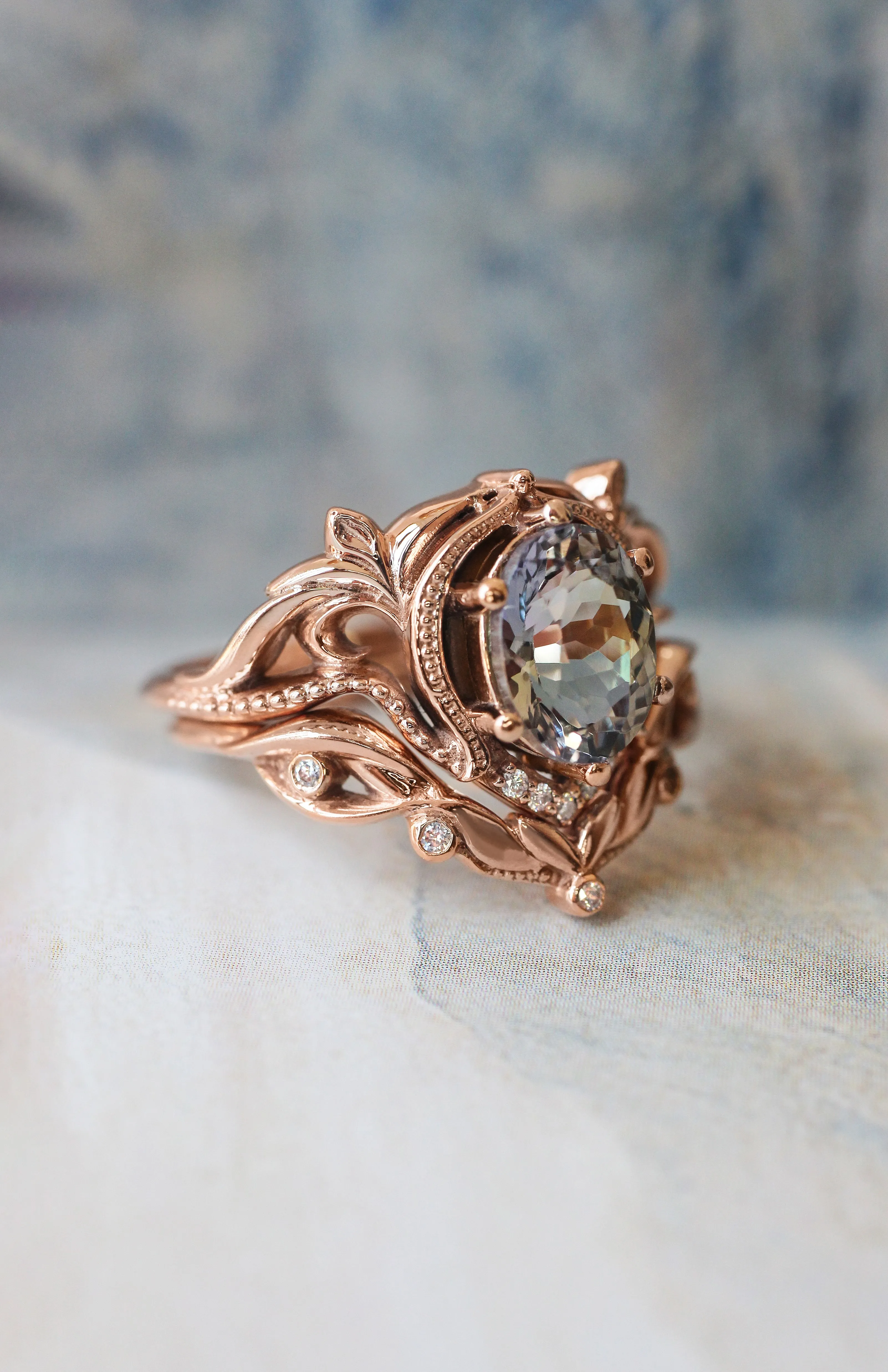 Art nouveau bridal ring set with tanzanite / Lida oval