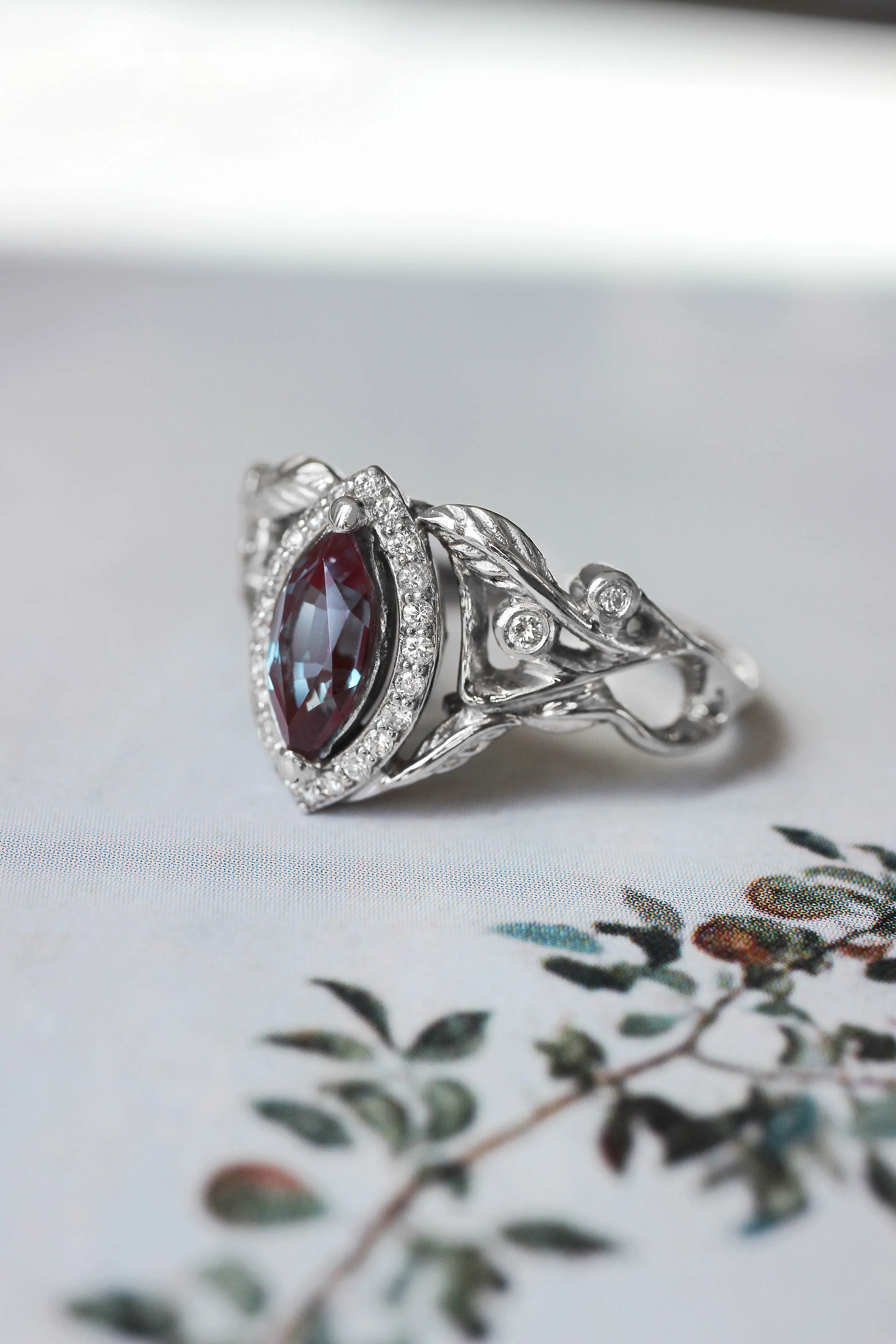 Art nouveau engagement ring with alexandrite and diamond halo / Callisto