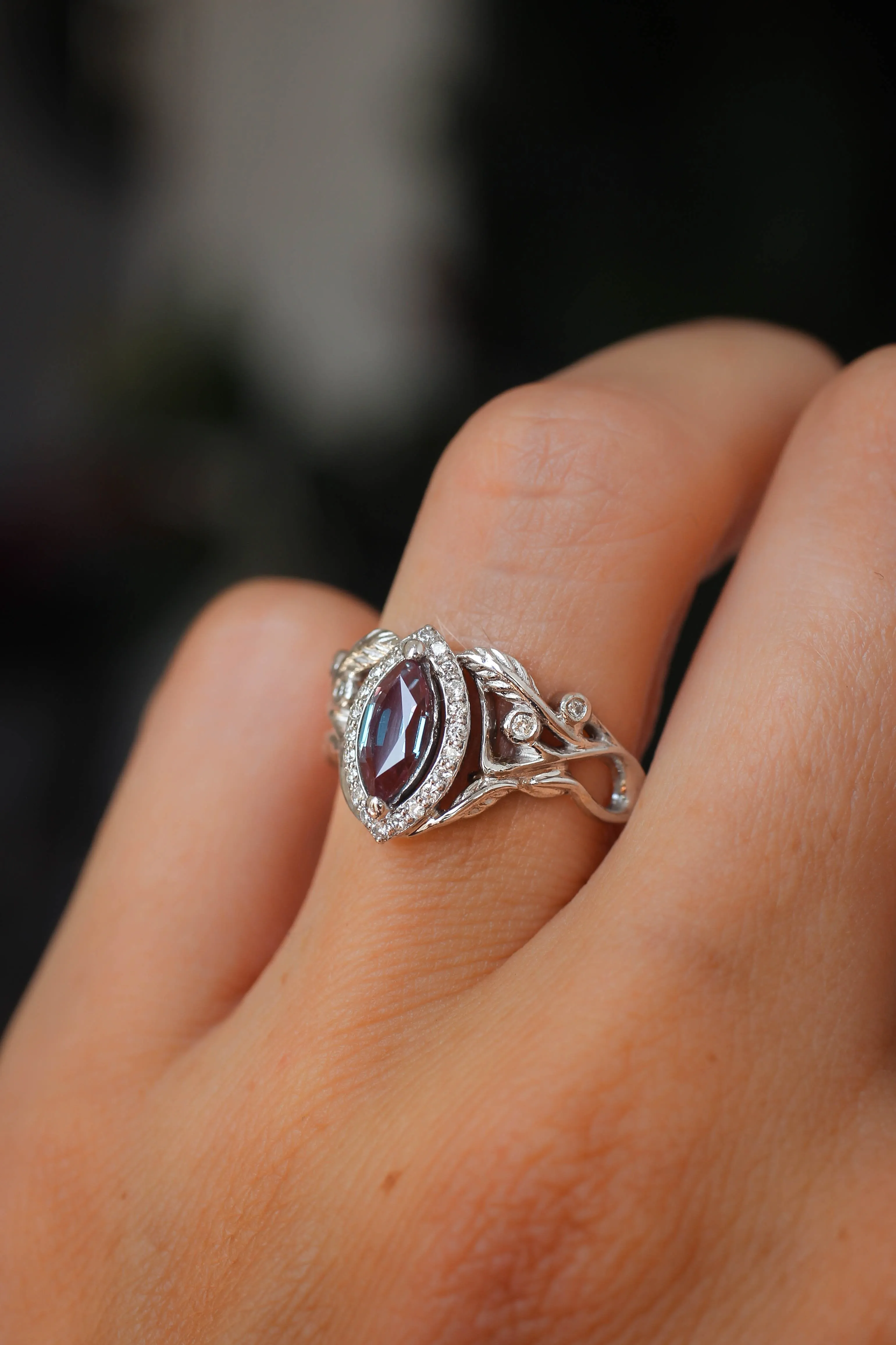 Art nouveau engagement ring with alexandrite and diamond halo / Callisto