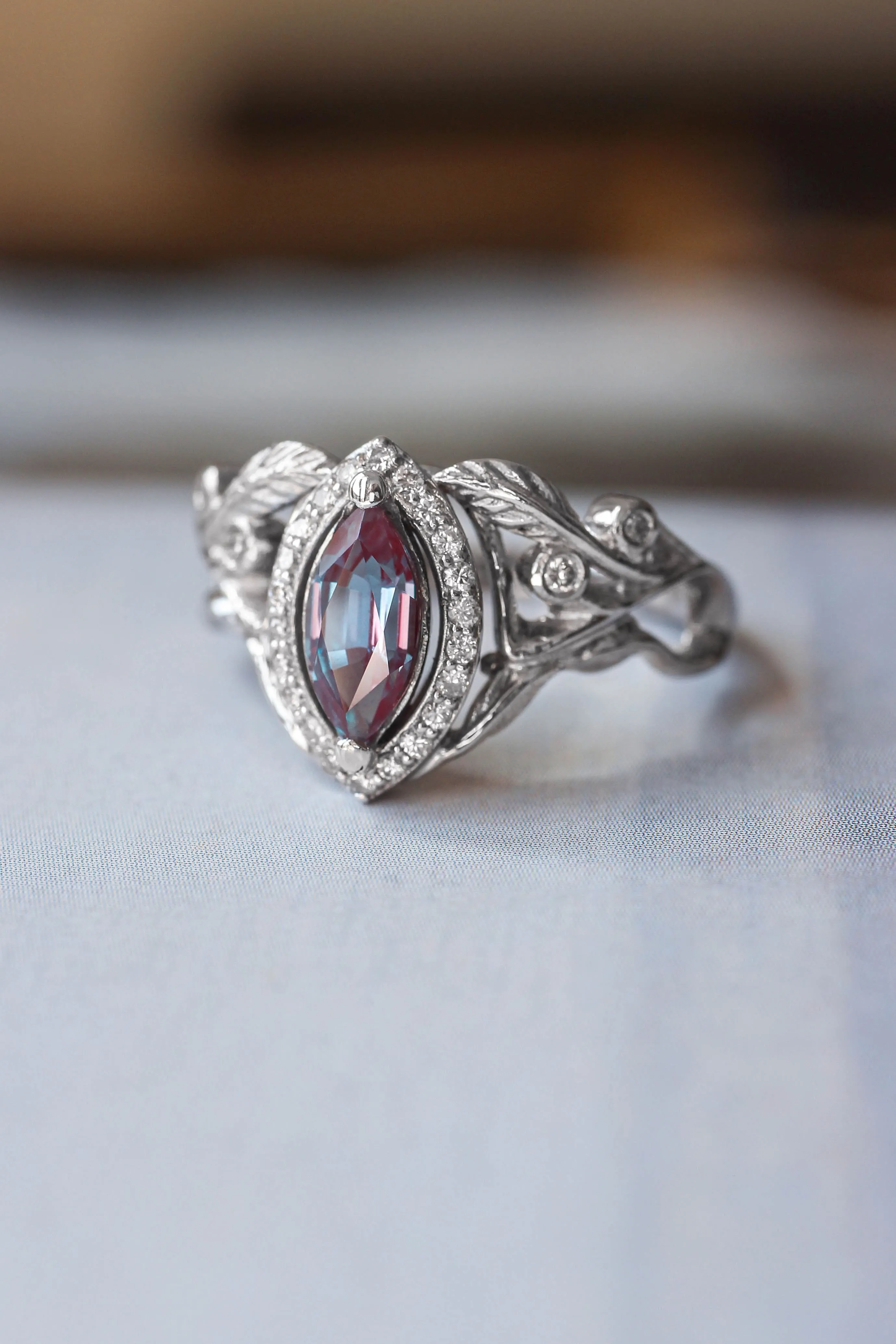 Art nouveau engagement ring with alexandrite and diamond halo / Callisto