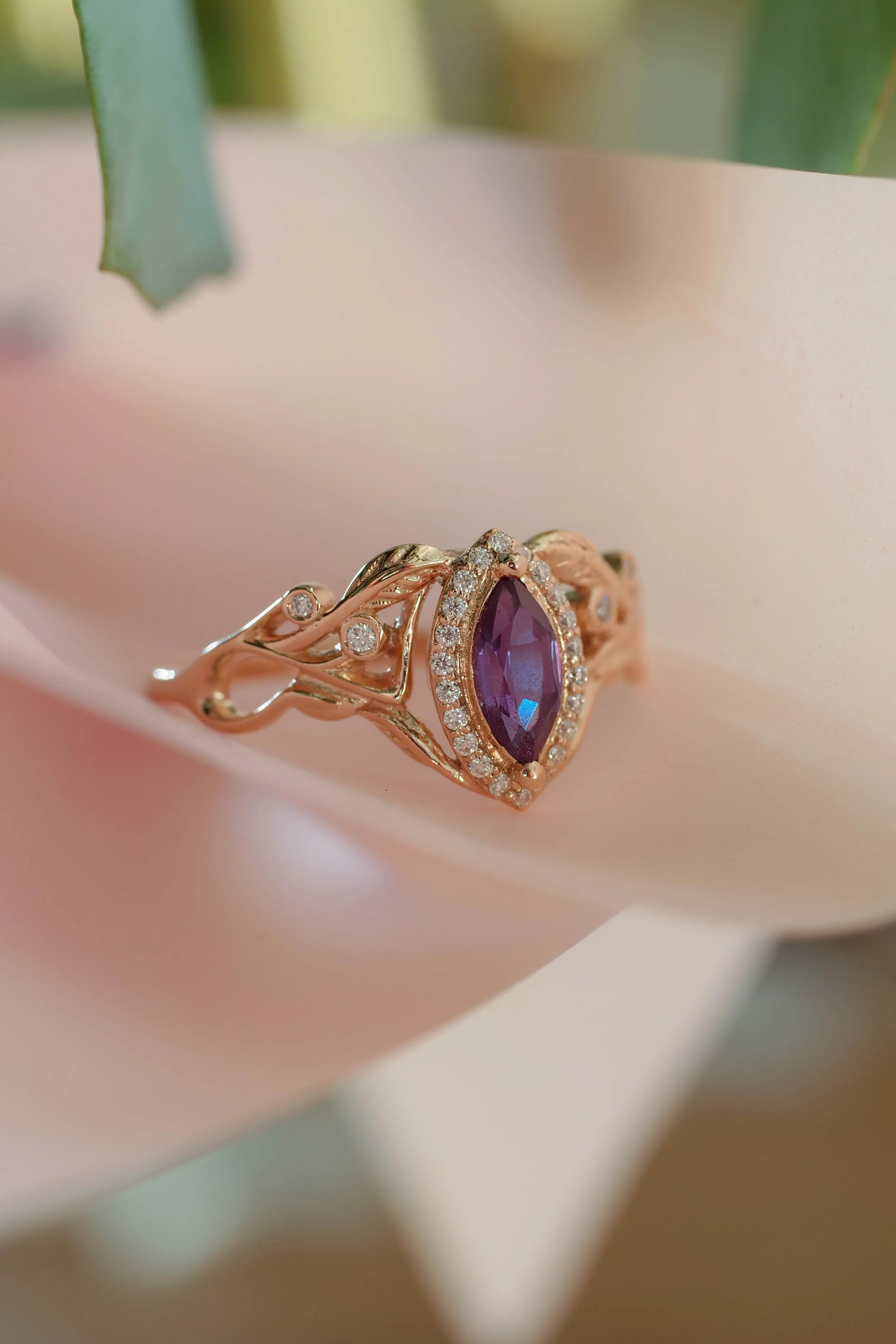 Art nouveau engagement ring with alexandrite and diamond halo / Callisto