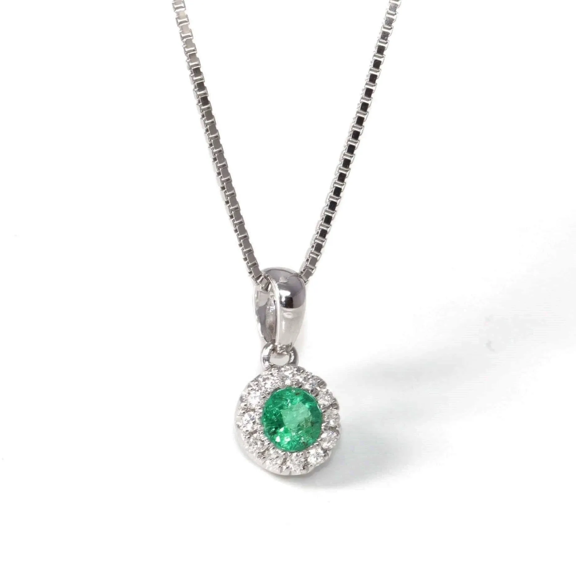 Baikalla? 14k White Gold Emerald Round 4 Prong Set Necklace With Diamond Halo