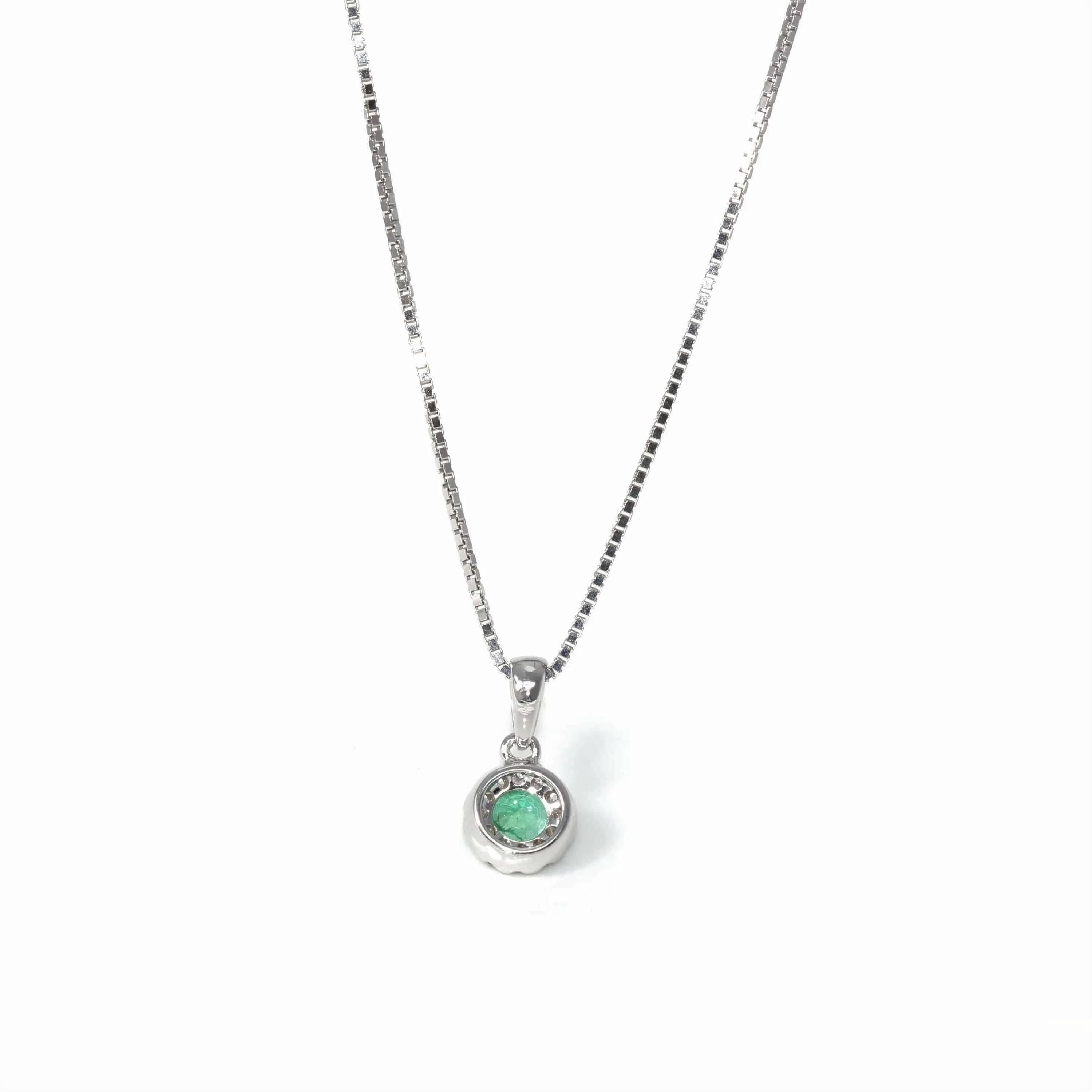 Baikalla? 14k White Gold Emerald Round 4 Prong Set Necklace With Diamond Halo