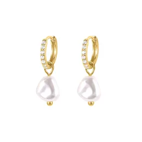 Baroque Style Huggie Hoop Earrings with Pearl Pendant