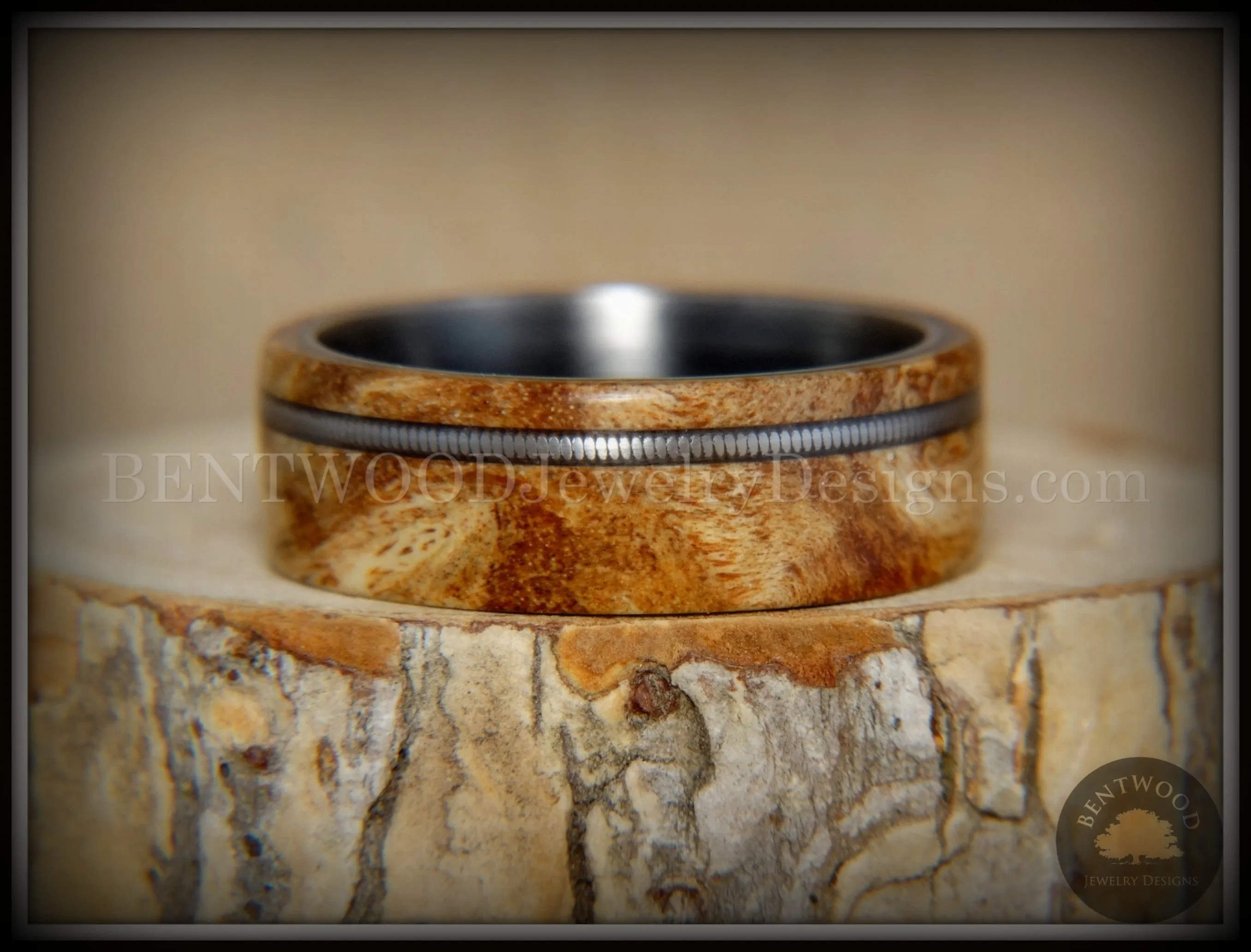 Bentwood Ring - Maple Burl Wood Ring Offset Guitar String Inlay on Surgical Grade Onyx Black Stainless Steel Comfort Fit Metal Core