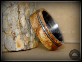 Bentwood Ring - Maple Burl Wood Ring Offset Guitar String Inlay on Surgical Grade Onyx Black Stainless Steel Comfort Fit Metal Core