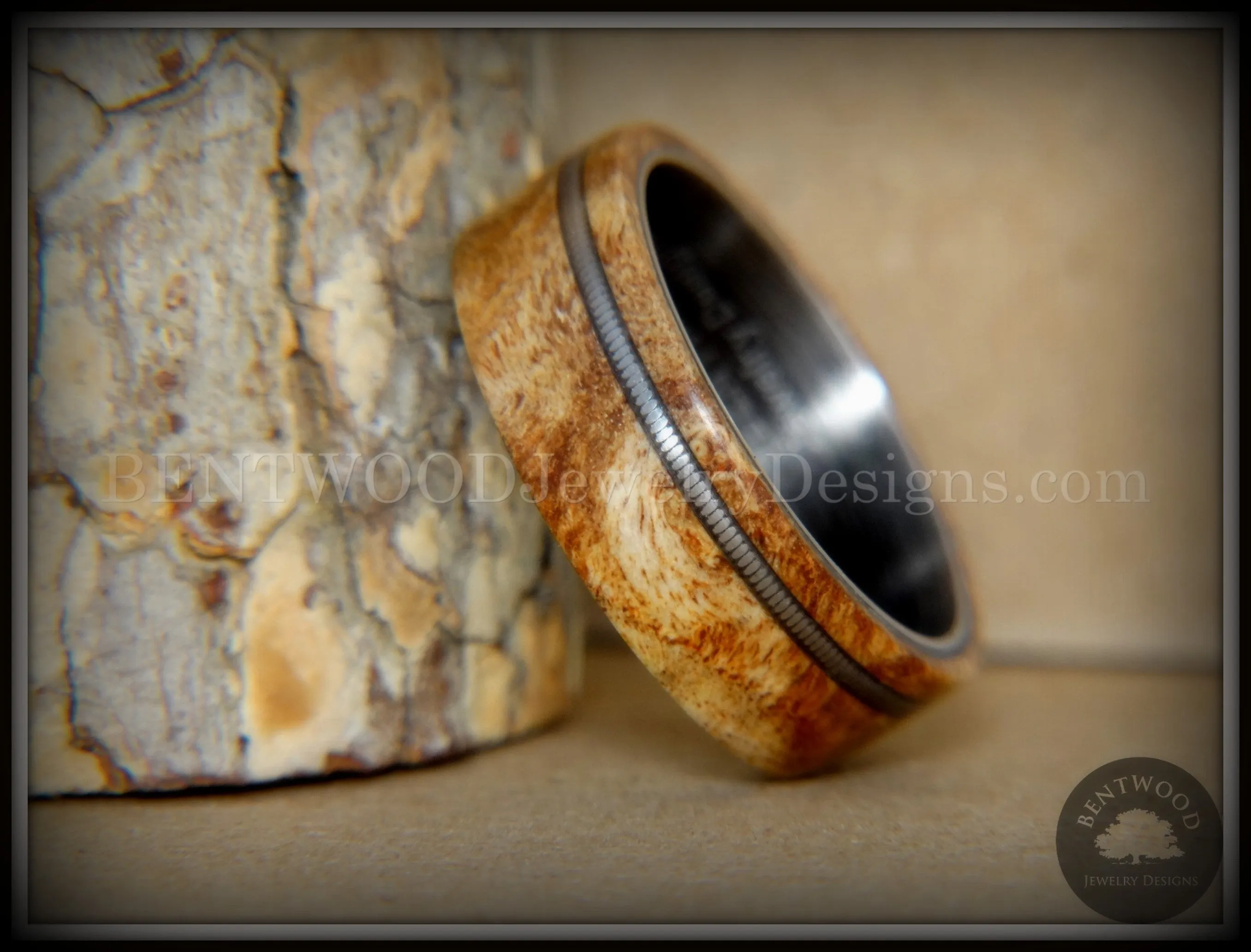 Bentwood Ring - Maple Burl Wood Ring Offset Guitar String Inlay on Surgical Grade Onyx Black Stainless Steel Comfort Fit Metal Core