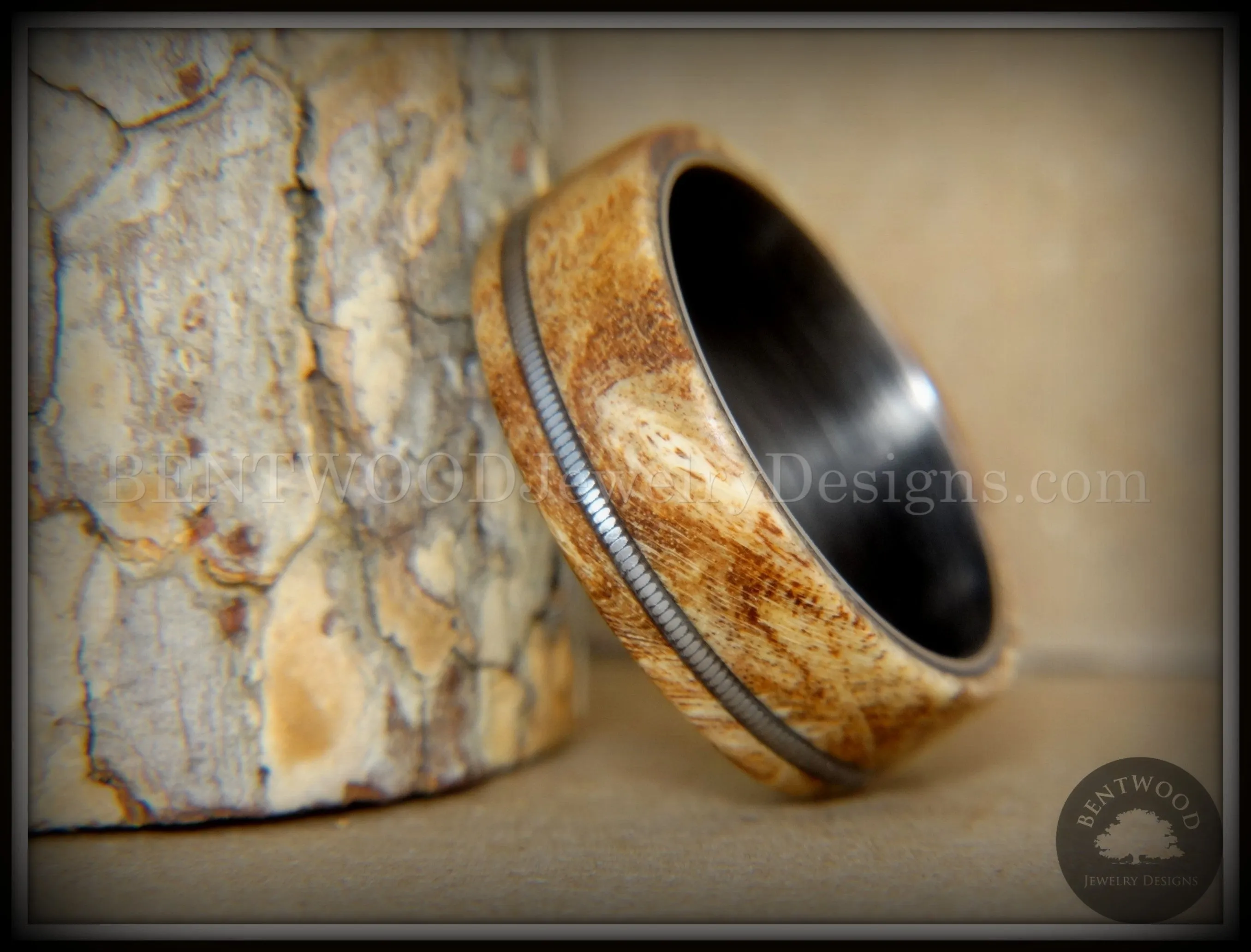 Bentwood Ring - Maple Burl Wood Ring Offset Guitar String Inlay on Surgical Grade Onyx Black Stainless Steel Comfort Fit Metal Core