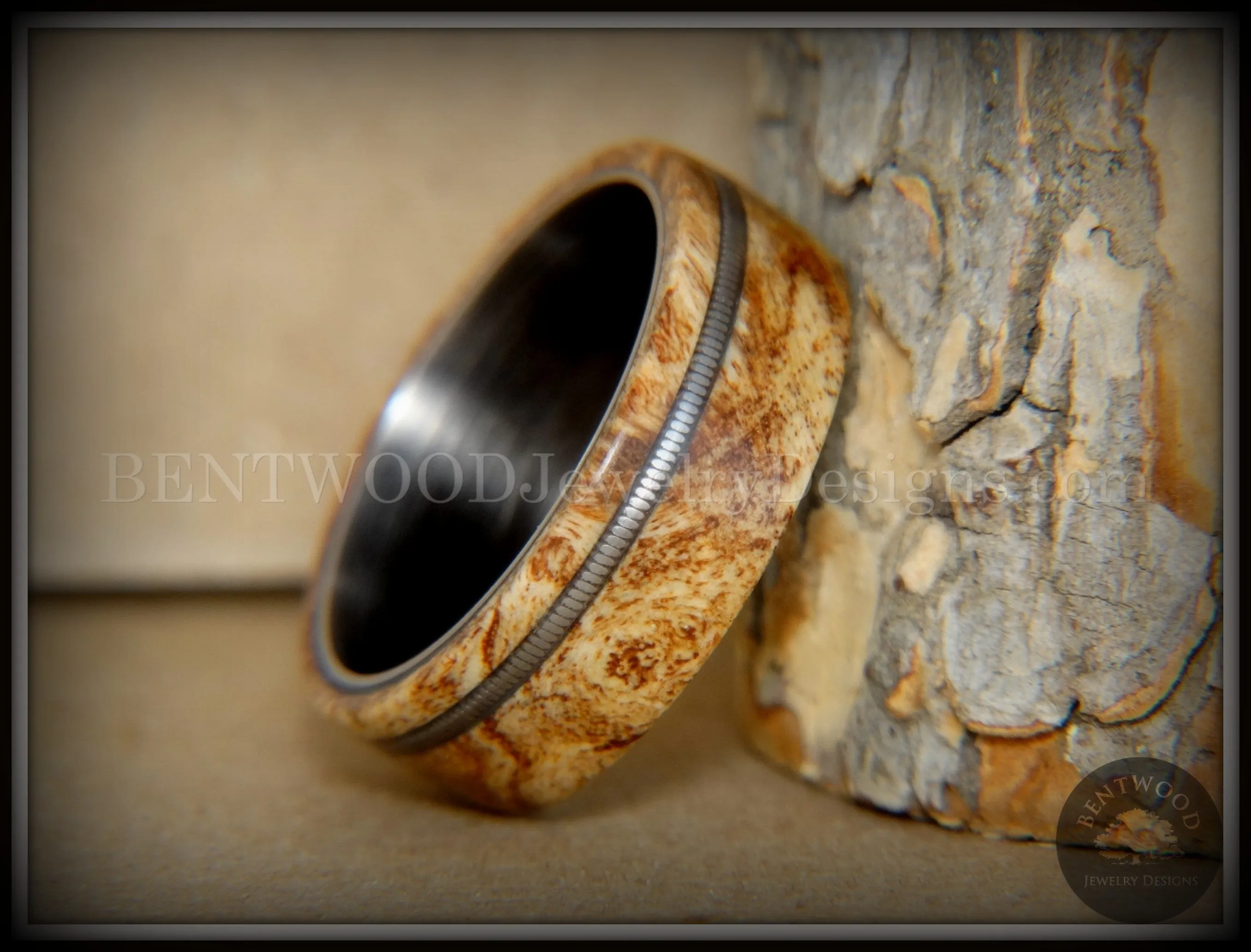 Bentwood Ring - Maple Burl Wood Ring Offset Guitar String Inlay on Surgical Grade Onyx Black Stainless Steel Comfort Fit Metal Core