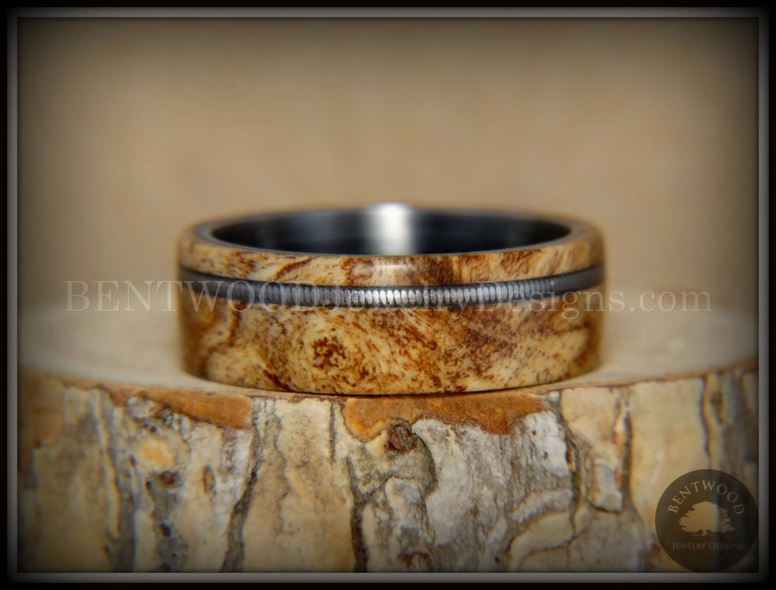 Bentwood Ring - Maple Burl Wood Ring Offset Guitar String Inlay on Surgical Grade Onyx Black Stainless Steel Comfort Fit Metal Core