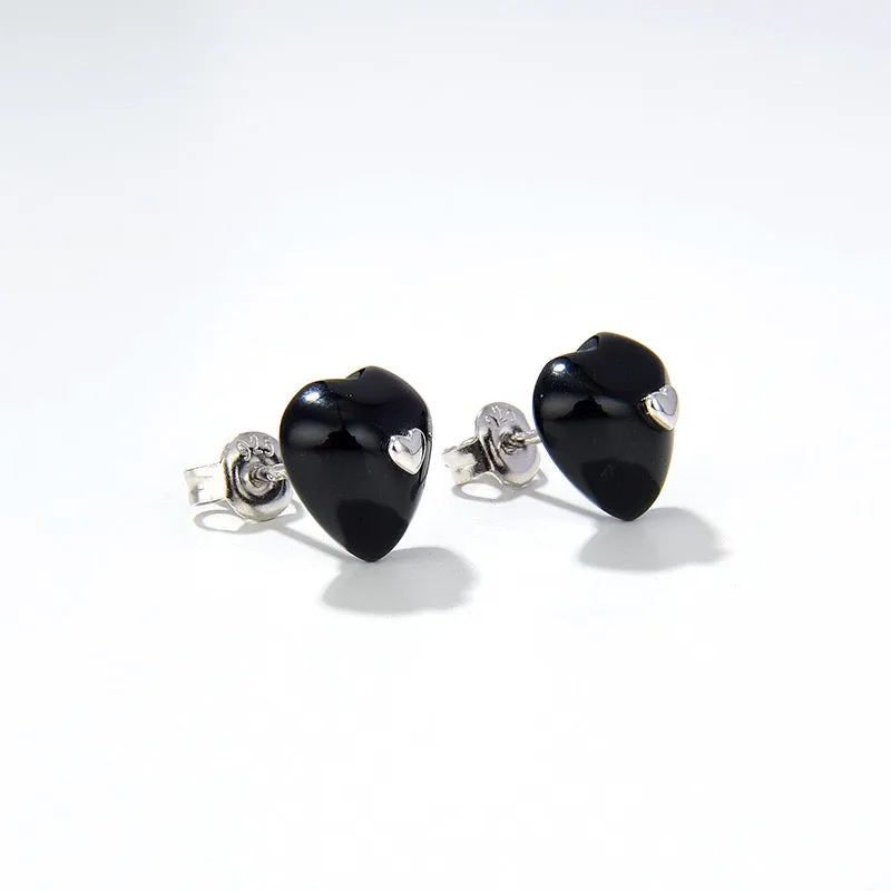 Black Agate Heart Pendant Necklace and Earrings (Purchase Individually)