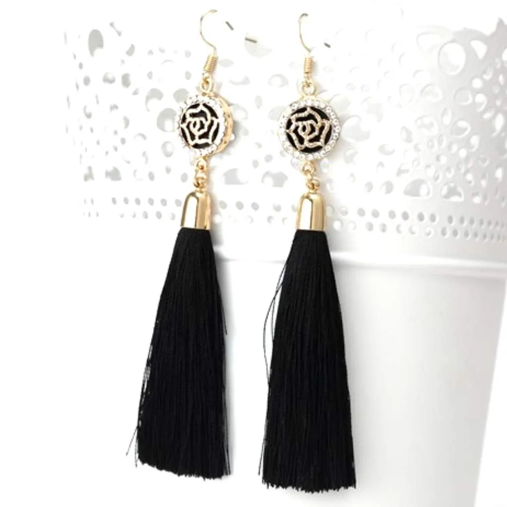 Black Tassel Earrings with Gold and Crystal Flower Charm