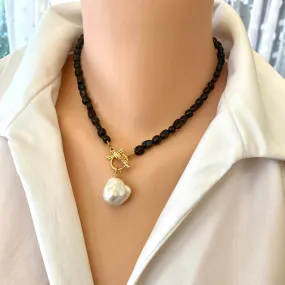 Black Tourmaline and Genuine Baroque Pearl Beaded Necklace with Honey Bees Toggle Clasp, 17inches