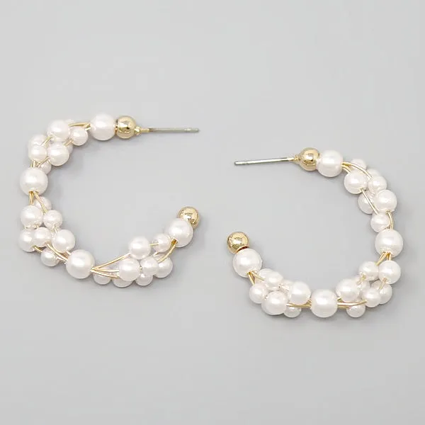 Braided Pearl Beaded Metal Hoop Earrings