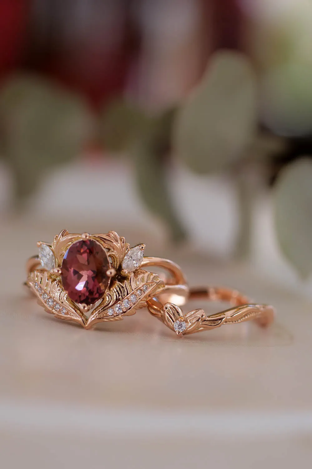 Bridal ring set with pink tourmaline and diamonds / Adonis