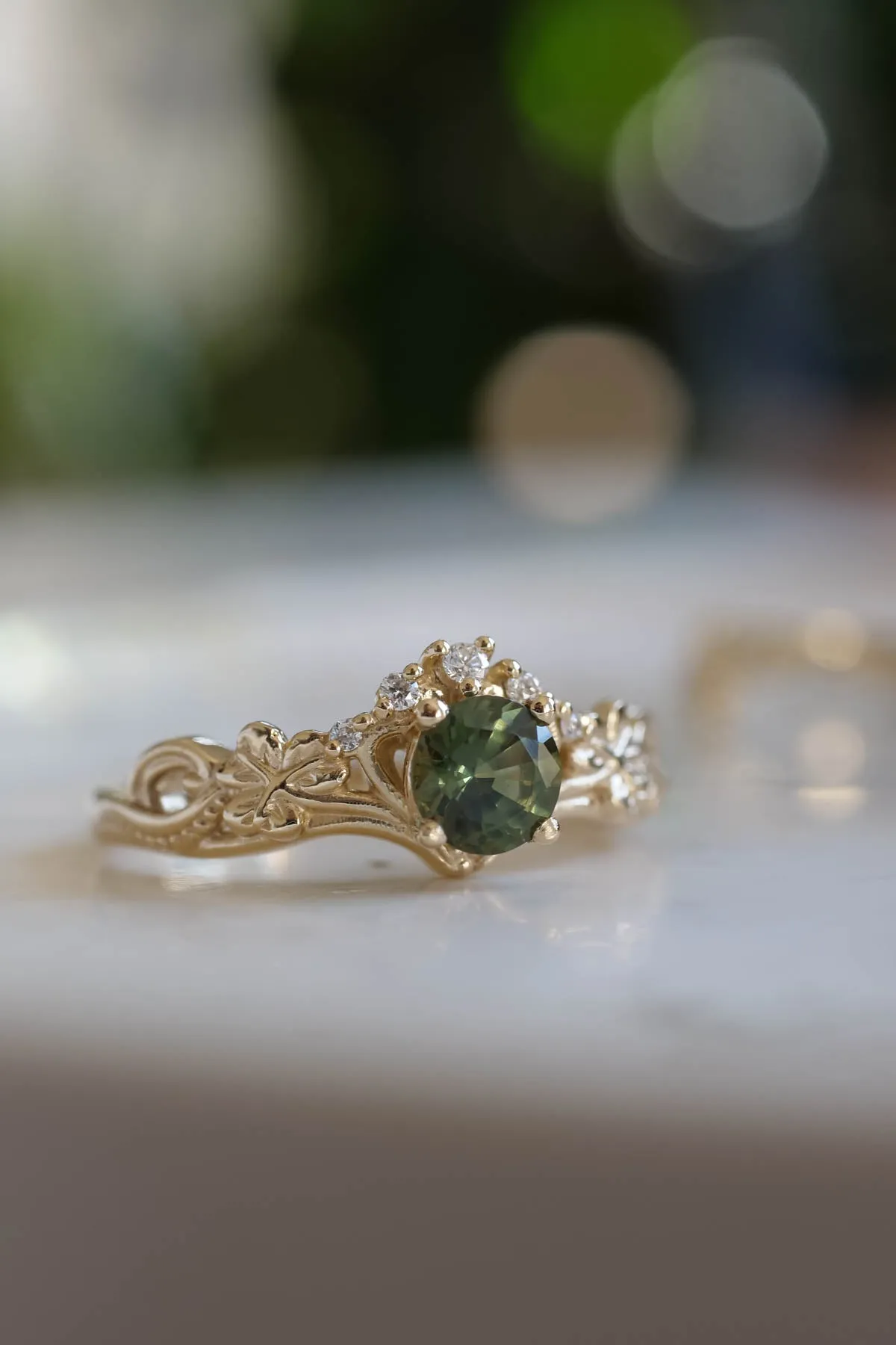 Celtic engagement rings, natural green sapphire bridal ring set / Horta